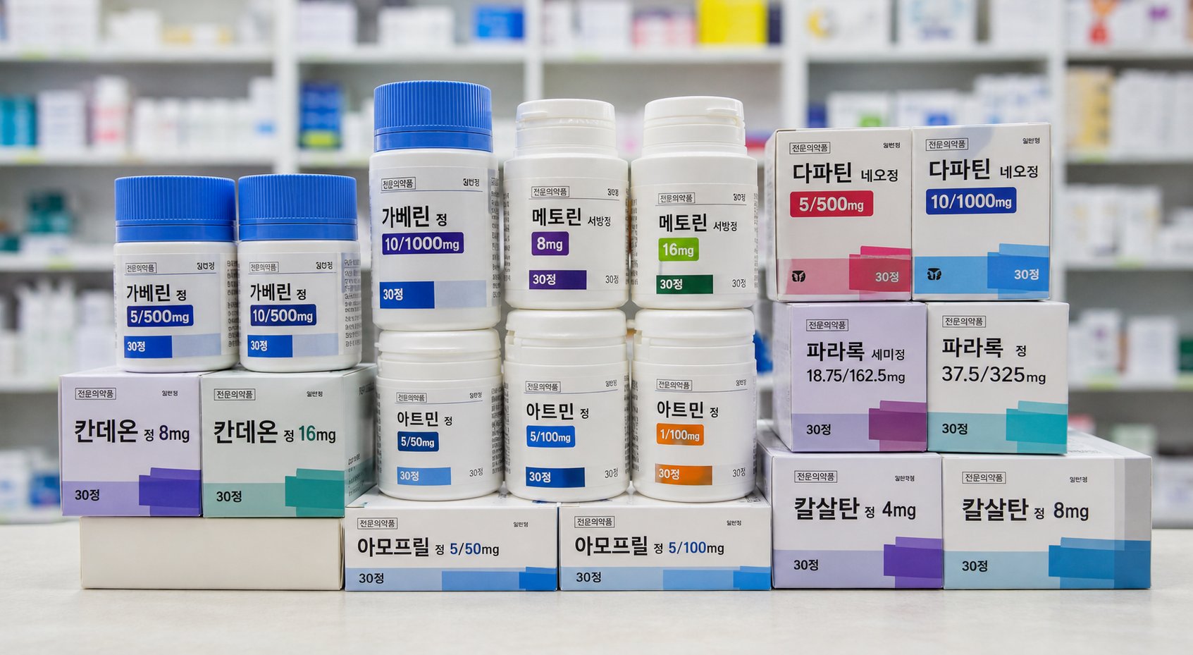 비슷한 약품명과 함량의 약품들이 약국 조제대 위에 놓인 모습